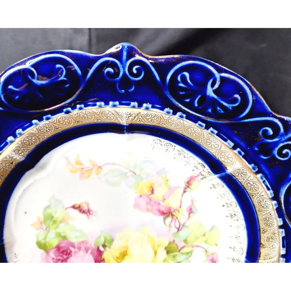 Antique Cobalt Blue Porcelain Cabinet Plate Gold Gilt Floral Roses Embossed 9.5